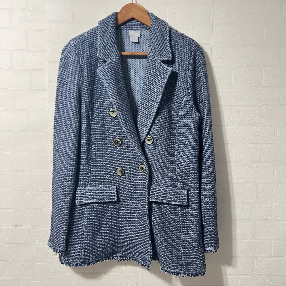 Chico's Double Breasted Tweed Textured Knit Blue Blazer Jacket Size 1 US M